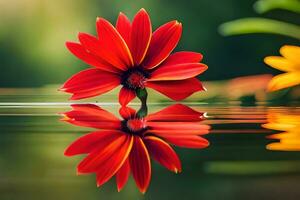 a red flower is reflected in the water. AI-Generated photo