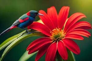 a colorful bird sits on top of a red flower. AI-Generated photo