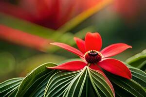 a red flower is sitting on top of a green leaf. AI-Generated photo