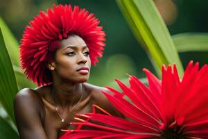 un hermosa mujer con rojo flores en el antecedentes. generado por ai foto