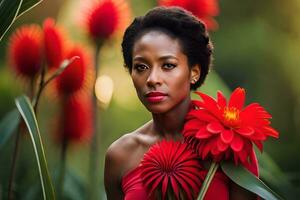 a beautiful black woman with red flowers. AI-Generated photo