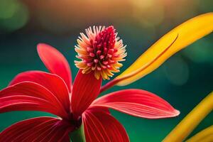 a red flower with yellow petals in the sunlight. AI-Generated photo