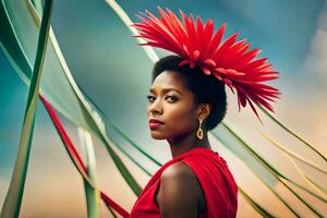 un mujer en un rojo vestir con un grande flor en su cabeza. generado por ai foto