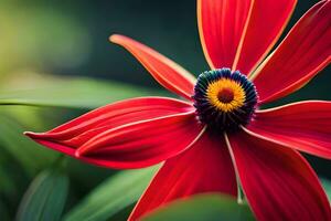 un rojo flor con un amarillo centrar es mostrado. generado por ai foto