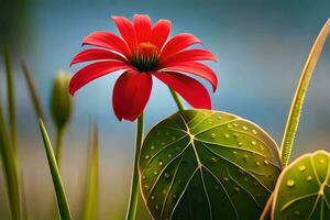 a red flower is sitting on top of a leaf. AI-Generated photo