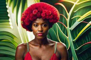 a woman wearing a red dress and a big red flower on her head. AI-Generated photo