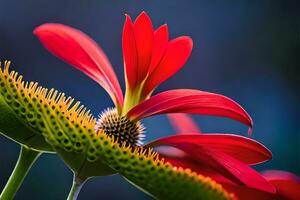 a red flower is sitting on top of a green plant. AI-Generated photo