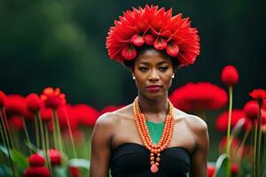 a woman wearing a flower crown in front of red flowers. AI-Generated photo