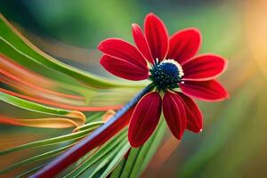 a red flower is in the middle of a green plant. AI-Generated photo