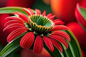 a red flower with green leaves. AI-Generated photo