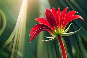 a red flower is shown in front of green leaves. AI-Generated photo