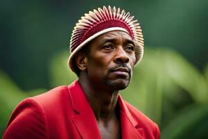 un hombre vistiendo un rojo traje y un rojo sombrero. generado por ai foto