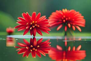 two red flowers are reflected in the water. AI-Generated photo