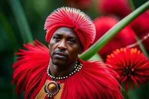 a man in red clothing with a red headdress. AI-Generated photo