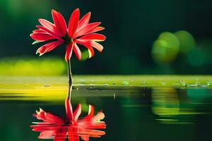 a red flower is standing in the water. AI-Generated photo