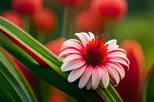 un rosado flor es sentado en parte superior de un verde hoja. generado por ai foto