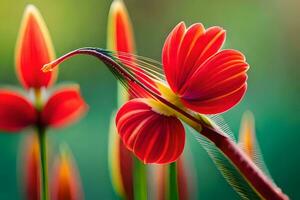 a red flower with yellow petals is in the middle of a field. AI-Generated photo