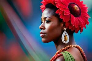 hermosa africano mujer vistiendo un flor en su cabello. generado por ai foto