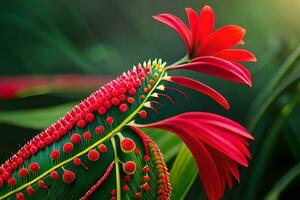 red flower on a green plant with bright sun. AI-Generated photo