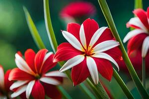 rojo y blanco flores son en el primer plano. generado por ai foto