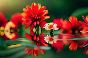 red flowers in water with green leaves. AI-Generated photo