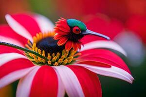 a hummingbird is sitting on a flower. AI-Generated photo