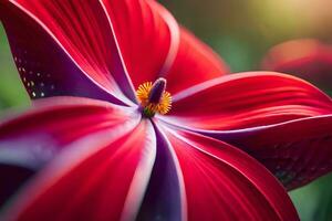 un cerca arriba de un rojo flor con un verde antecedentes. generado por ai foto