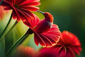 a red bird is perched on a flower. AI-Generated photo