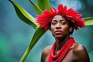 a woman wearing a red flower headdress and a green leaf. AI-Generated photo