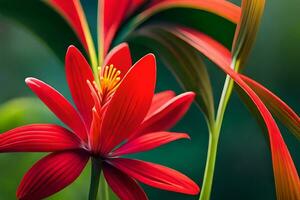 a red flower is shown in the middle of a green background. AI-Generated photo