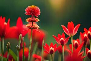 red flowers in the sun with a green background. AI-Generated photo
