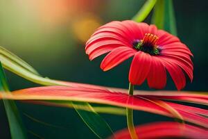 a red flower is sitting on top of a green plant. AI-Generated photo