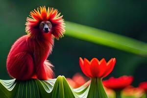 a red - headed lemur sits on top of a flower. AI-Generated photo