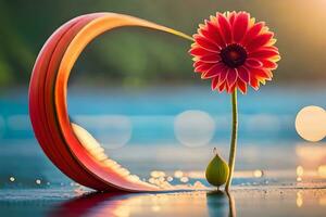 a flower sitting on a curved piece of metal. AI-Generated photo