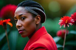 un mujer con trenzas en rojo chaqueta y flores generado por ai foto