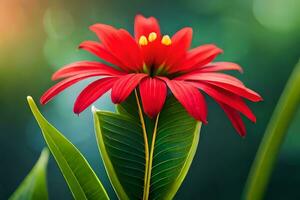 a red flower is sitting on top of a green leaf. AI-Generated photo