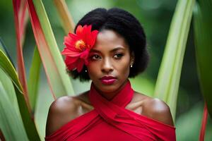 hermosa africano mujer en rojo vestir con flor en su cabeza. generado por ai foto