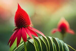 red flower on green leaves with blurry background. AI-Generated photo