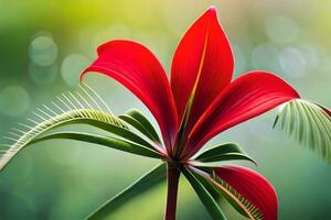 a red flower is shown in front of a green background. AI-Generated photo