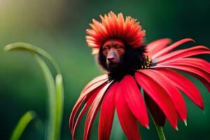 a monkey with a red flower on its head. AI-Generated photo