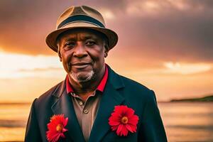 a man in a hat and suit standing in front of the ocean. AI-Generated photo