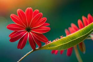 a red flower is in front of a green leaf. AI-Generated photo