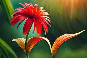 a red flower is in the foreground of a green background. AI-Generated photo