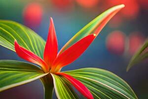 un rojo flor es en el centrar de un verde planta. generado por ai foto