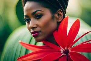 hermosa africano mujer con rojo flor. generado por ai foto