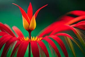 a red flower with yellow and green leaves. AI-Generated photo