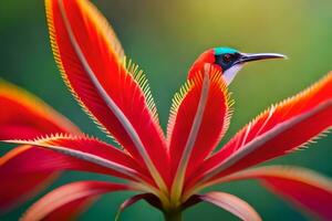 a bird is perched on a red flower. AI-Generated photo