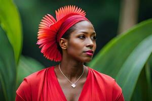 un mujer vistiendo un rojo vestir y un flor venda. generado por ai foto