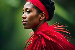 un mujer en un rojo vestir con plumas en su cabeza. generado por ai foto