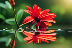 red flower in water with reflection. AI-Generated photo